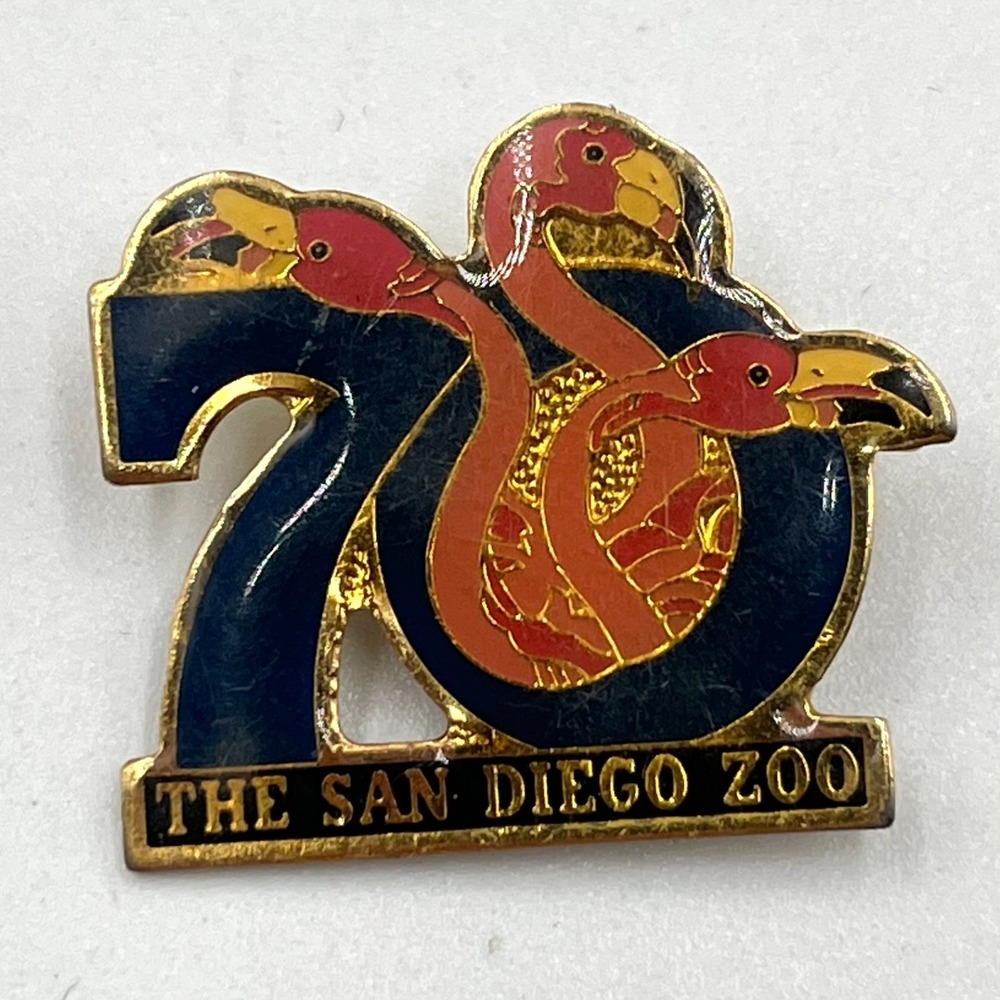 Vintage San Diego Zoo 70th Anniversary Flamingo Pin Souvenir Gold Tone Enamel